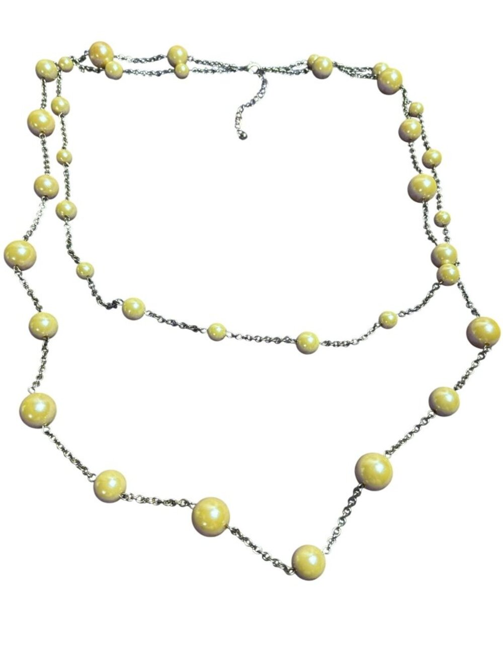 Vintage 90s 2 Strand Plastic Champagne Faux Pearl Bead Station Necklace Goldtone